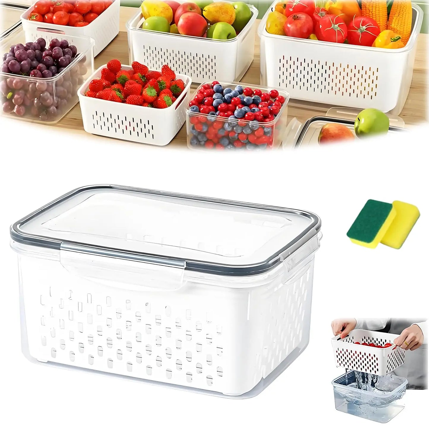 4 in 1 Food Storage Container, Fruit Storage Containers for Fridge, Produce Storage Containers with Lid and Strainer