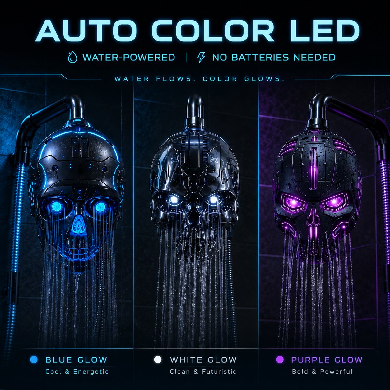 🚿👾Mecha Skull Color Changing LED Pressure Boost Shower Head