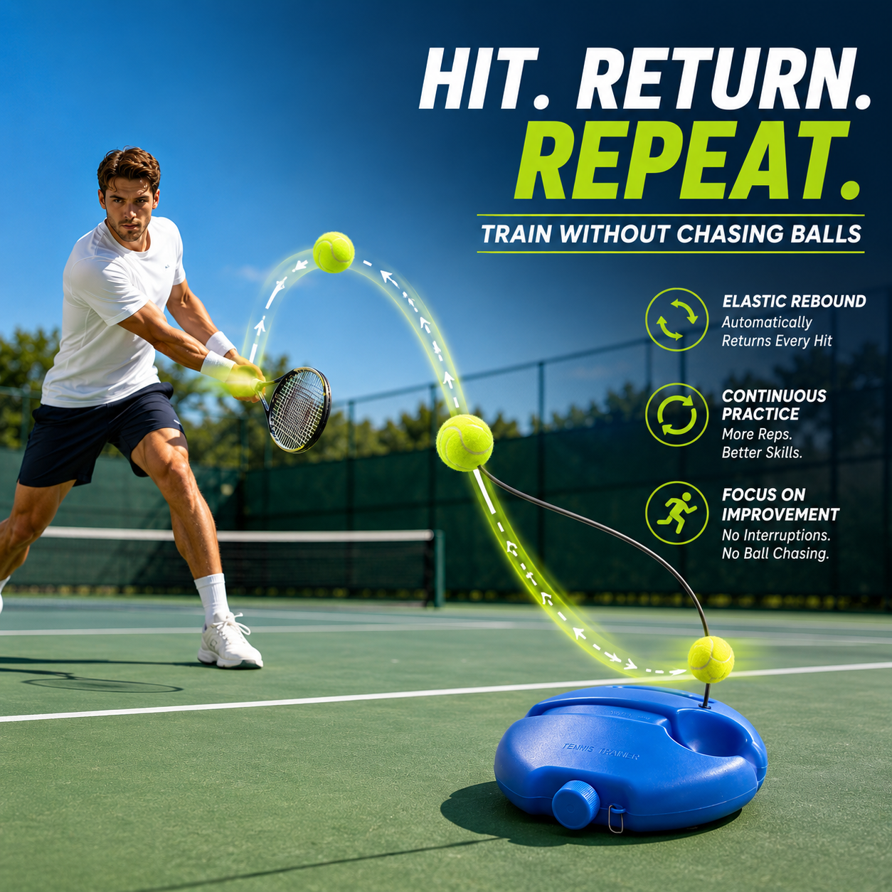 🎾 Solo Tennis Trainer Rebound Set – Practice Anytime, No Partner Needed，3 Balls