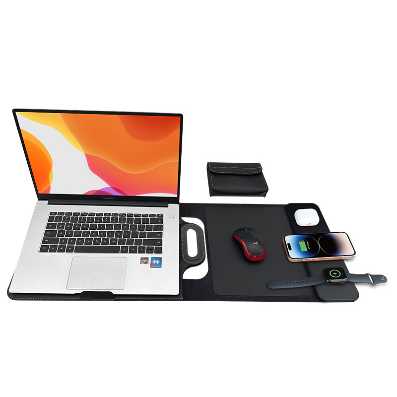 The All-In-One Mobile Workstation Sleeve | Built-In 15W Multi-Device Wireless Charger, Ergonomic Laptop Stand & Mousepad (Fits up to 16")
