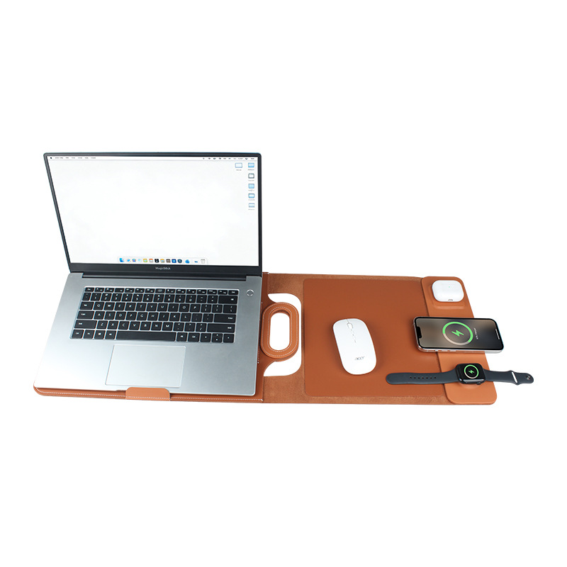 The All-In-One Mobile Workstation Sleeve | Built-In 15W Multi-Device Wireless Charger, Ergonomic Laptop Stand & Mousepad (Fits up to 16")