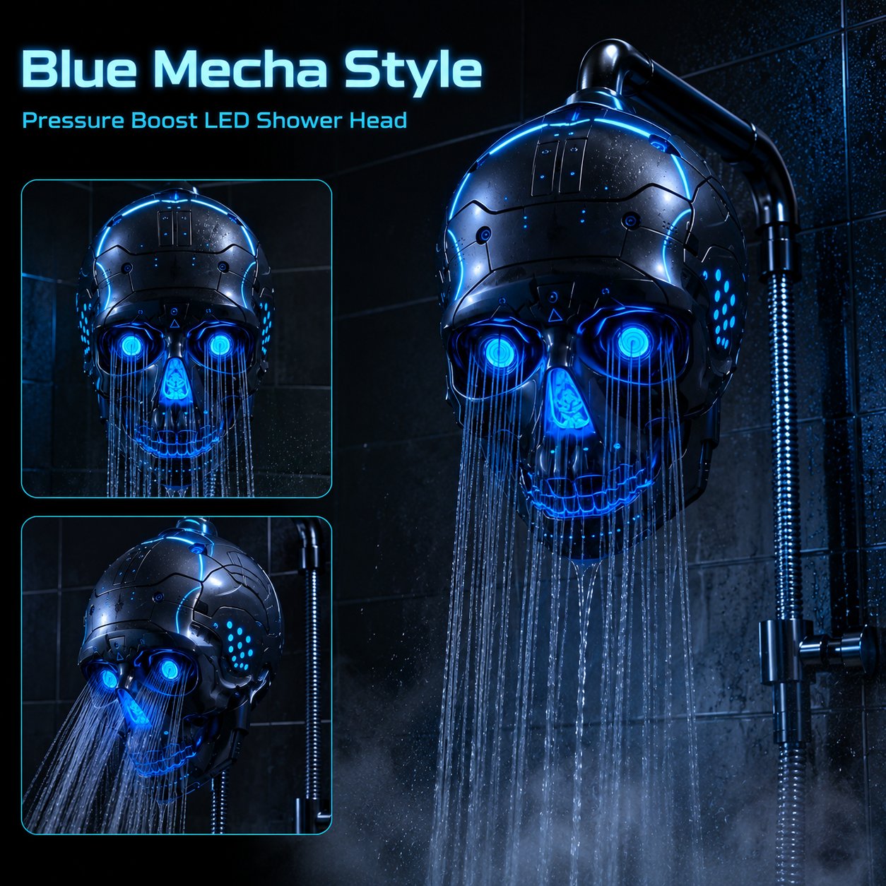 🚿👾Mecha Skull Color Changing LED Pressure Boost Shower Head