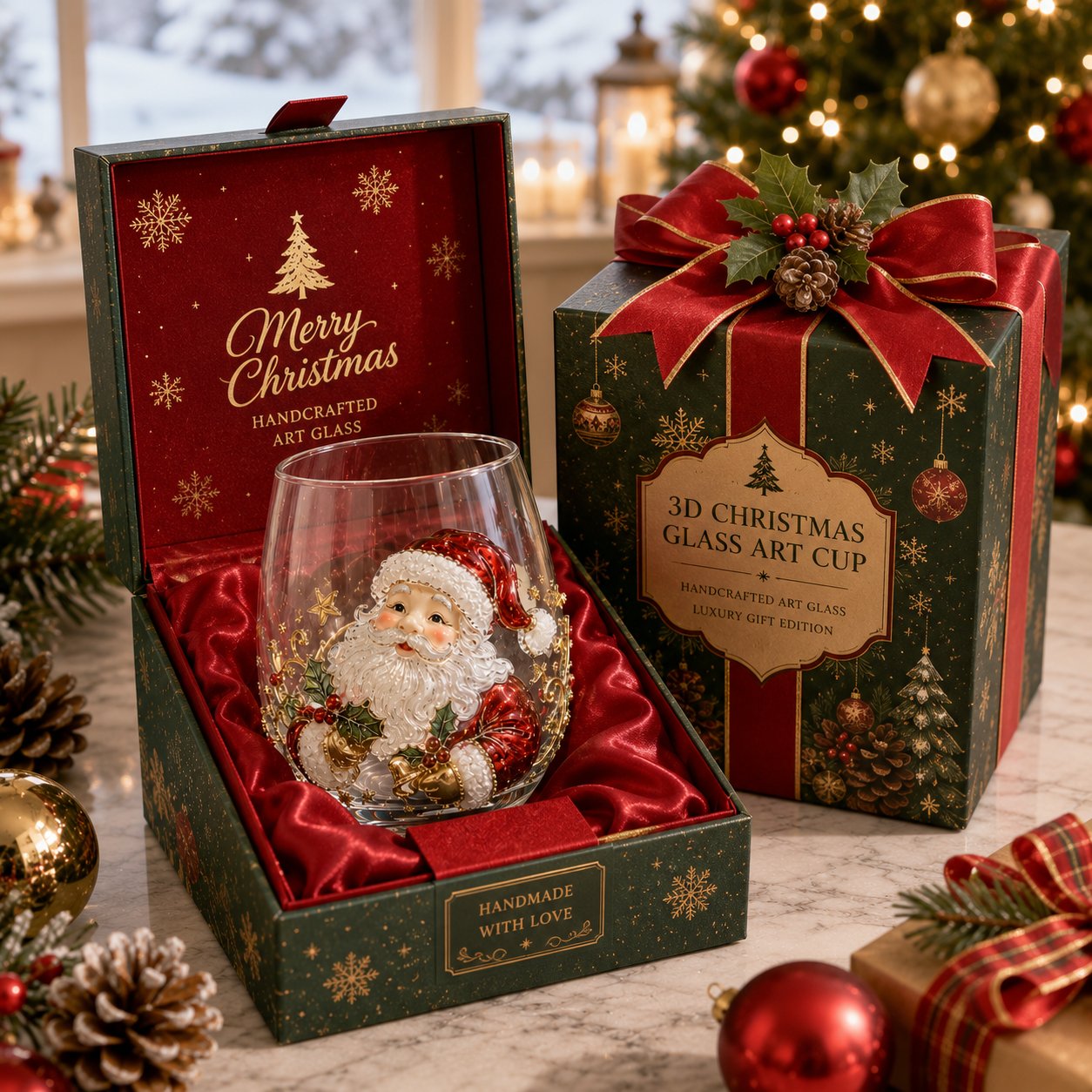 🎄✨ Christmas Glass Art Cup | Luxury Raised Holiday Glassware for Drinks, Decor & Christmas Gifts 🎁