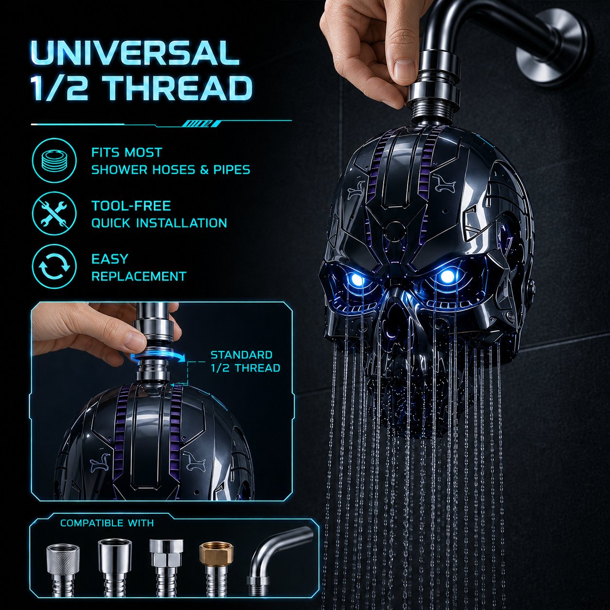 🚿👾Mecha Skull Color Changing LED Pressure Boost Shower Head