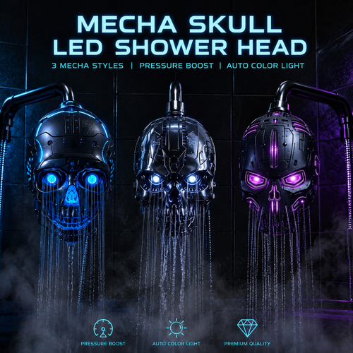 🚿👾Mecha Skull Color Changing LED Pressure Boost Shower Head
