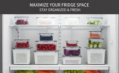 4 in 1 Food Storage Container, Fruit Storage Containers for Fridge, Produce Storage Containers with Lid and Strainer