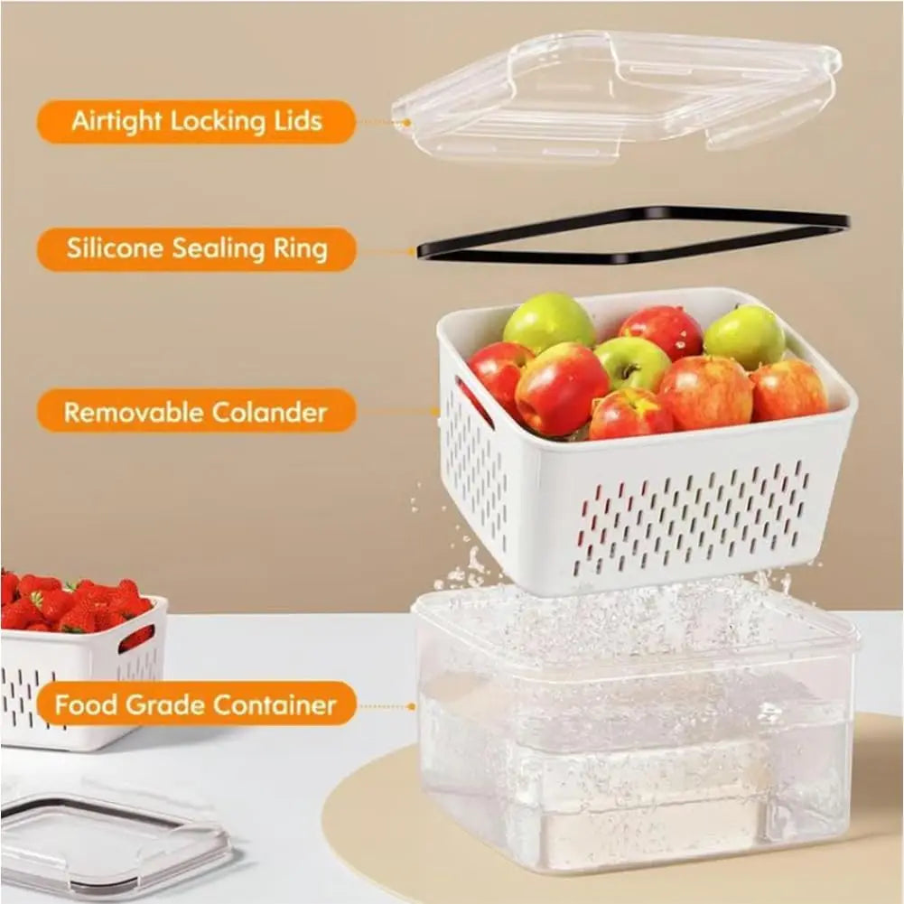4 in 1 Food Storage Container, Fruit Storage Containers for Fridge, Produce Storage Containers with Lid and Strainer