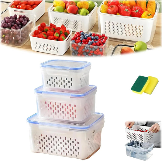 4 in 1 Food Storage Container, Fruit Storage Containers for Fridge, Produce Storage Containers with Lid and Strainer