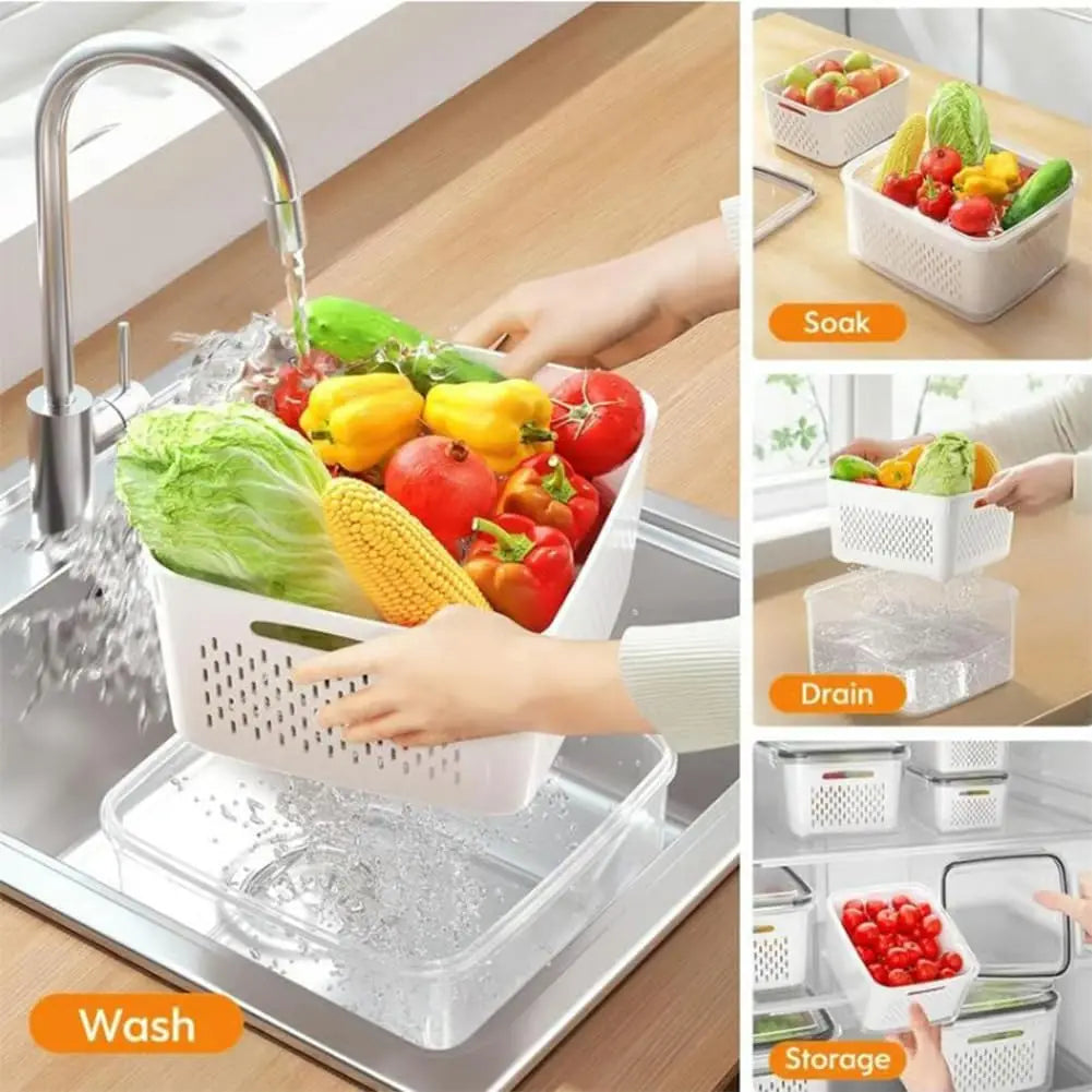 4 in 1 Food Storage Container, Fruit Storage Containers for Fridge, Produce Storage Containers with Lid and Strainer
