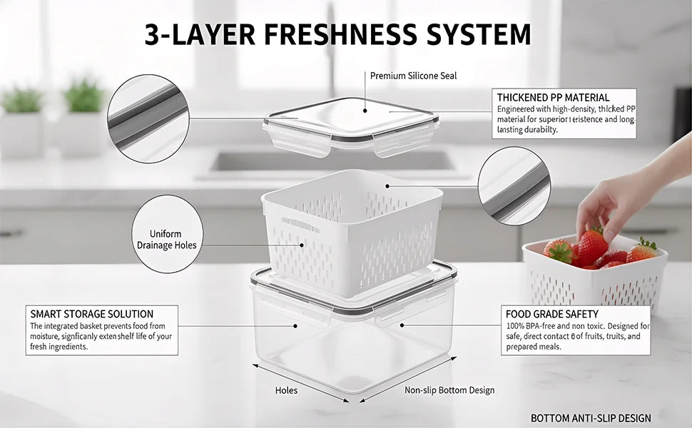 4 in 1 Food Storage Container, Fruit Storage Containers for Fridge, Produce Storage Containers with Lid and Strainer