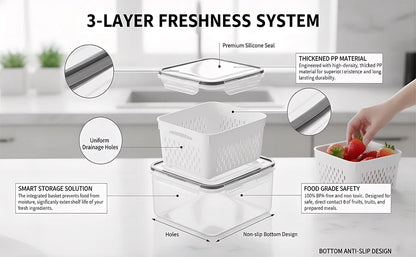 4 in 1 Food Storage Container, Fruit Storage Containers for Fridge, Produce Storage Containers with Lid and Strainer