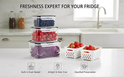 4 in 1 Food Storage Container, Fruit Storage Containers for Fridge, Produce Storage Containers with Lid and Strainer
