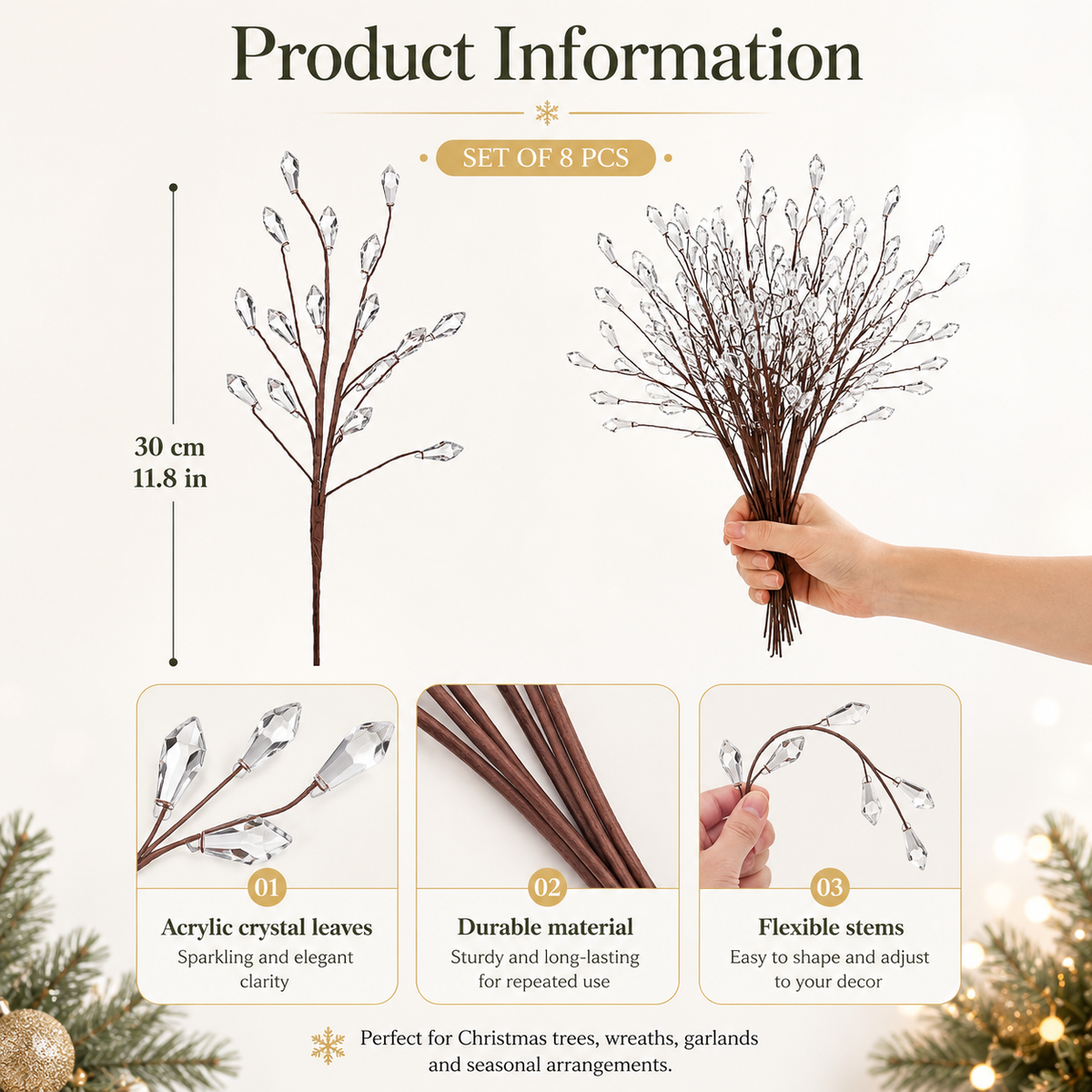 🎄Crystal Christmas Tree Picks – Sparkling 11.8" Holiday Branch Decorations