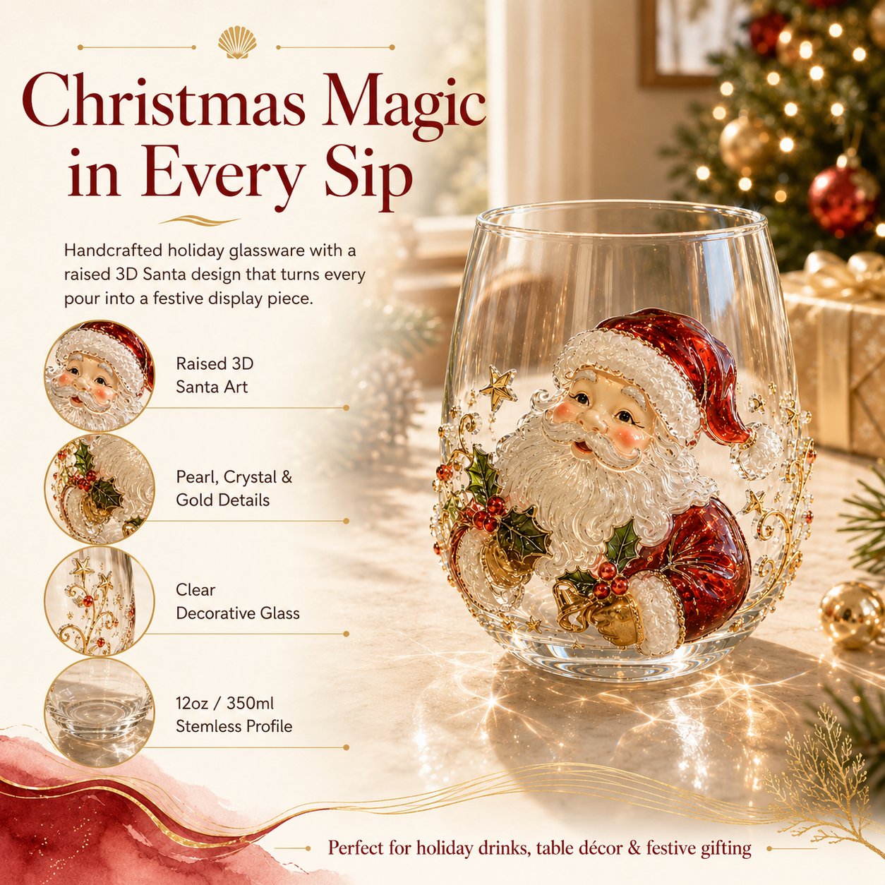 🎄✨ Christmas Glass Art Cup | Luxury Raised Holiday Glassware for Drinks, Decor & Christmas Gifts 🎁