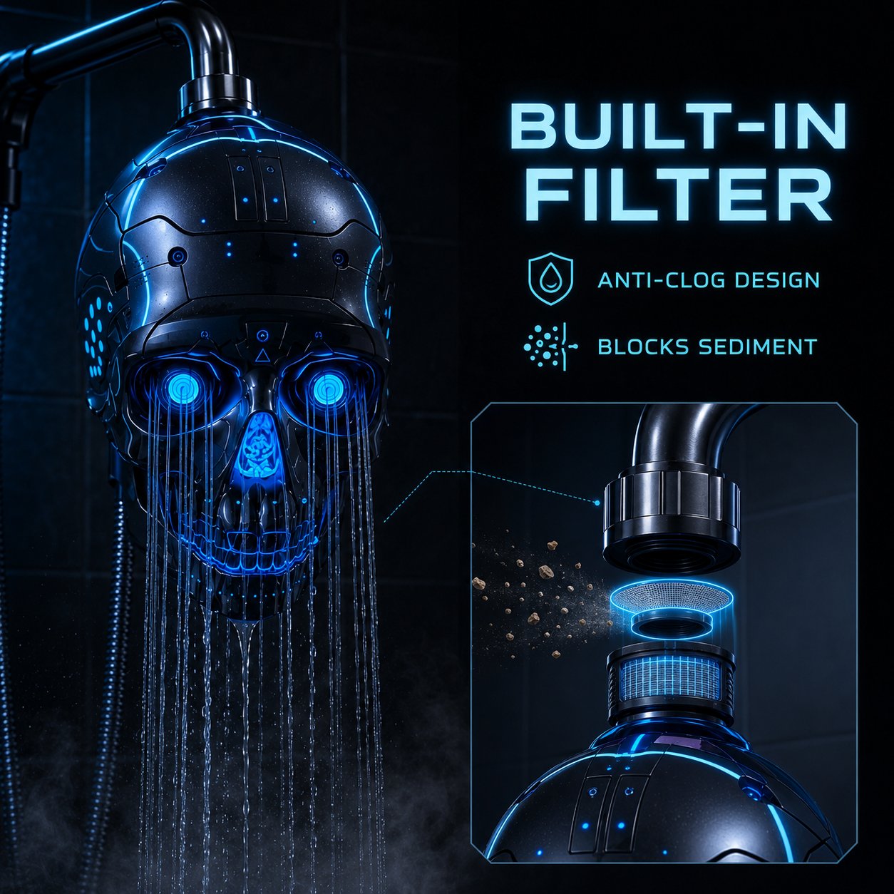 🚿👾Mecha Skull Color Changing LED Pressure Boost Shower Head