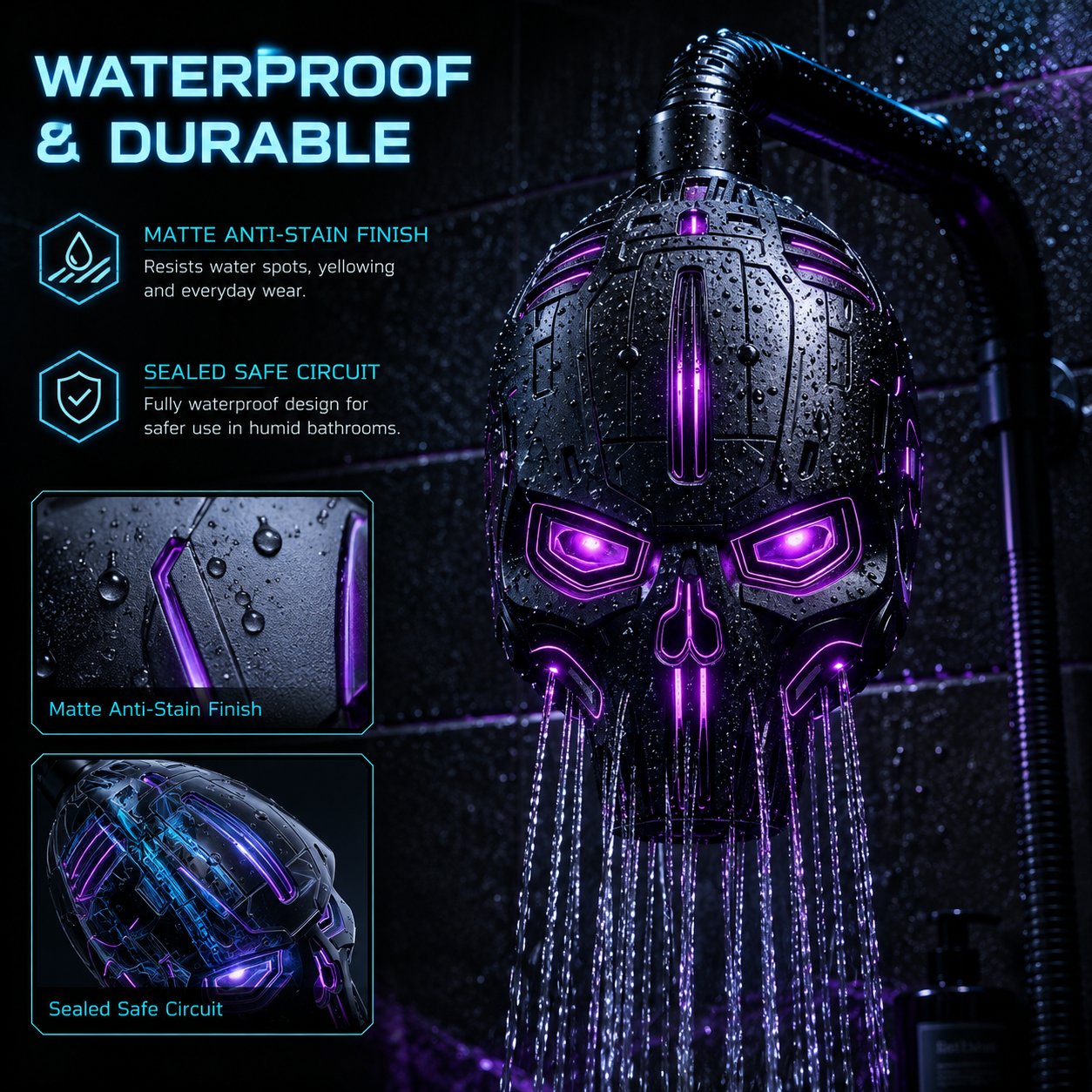 🚿👾Mecha Skull Color Changing LED Pressure Boost Shower Head