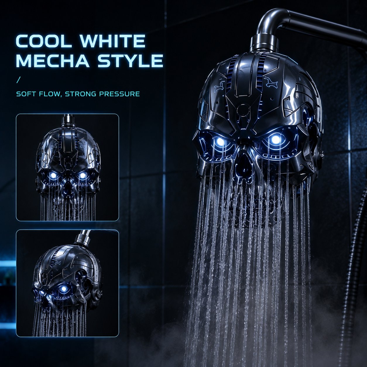 🚿👾Mecha Skull Color Changing LED Pressure Boost Shower Head