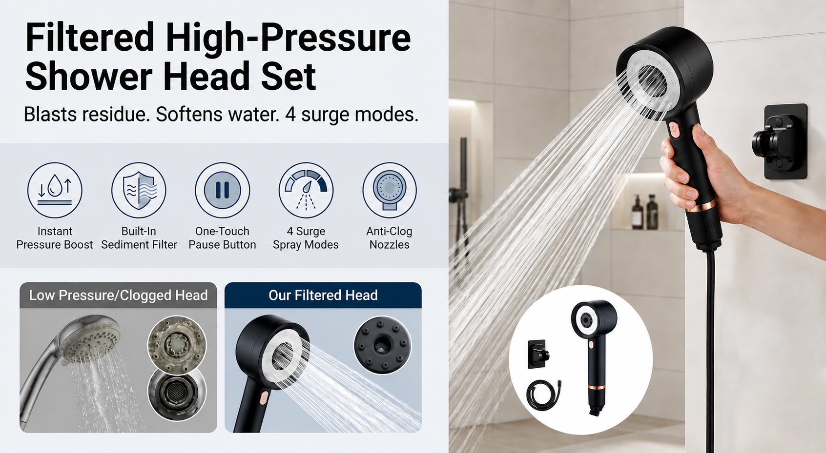 Filtered High-Pressure Shower Head Set